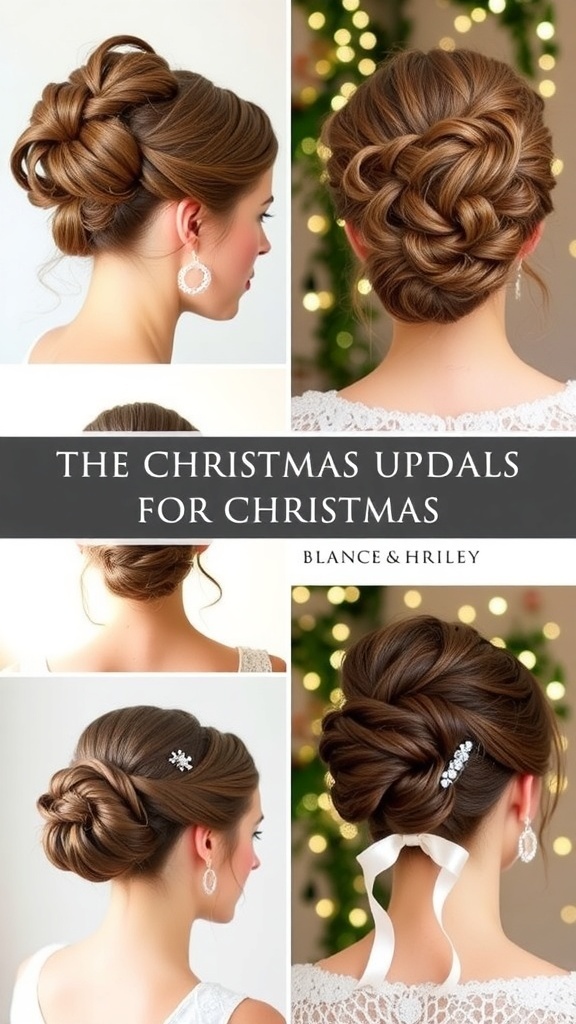Collage of elegant Christmas updo hairstyles with festive accessories.